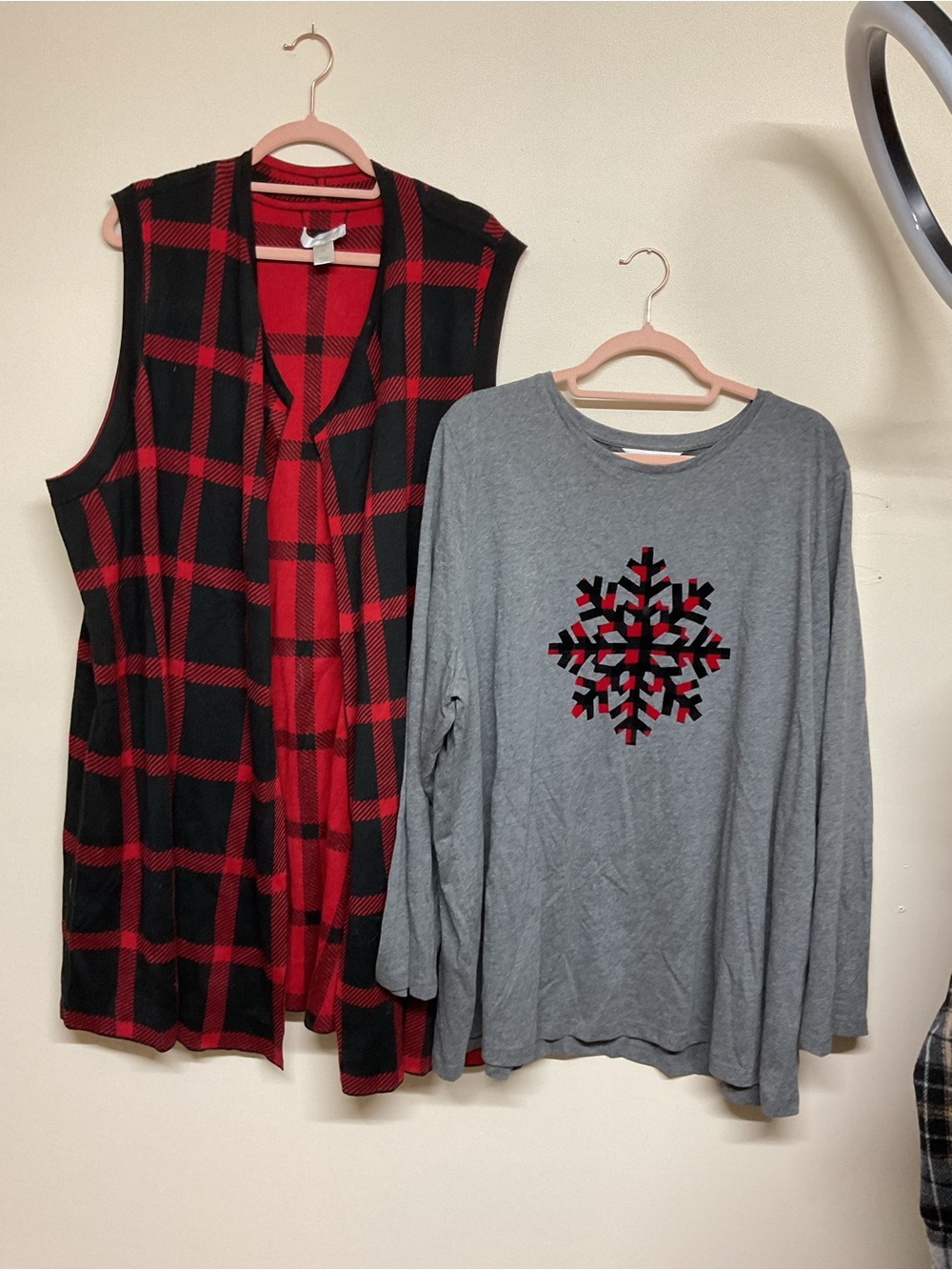 CJ Banks Black and Red Plaid Sleeveless Vest with Gray Snowflake Top